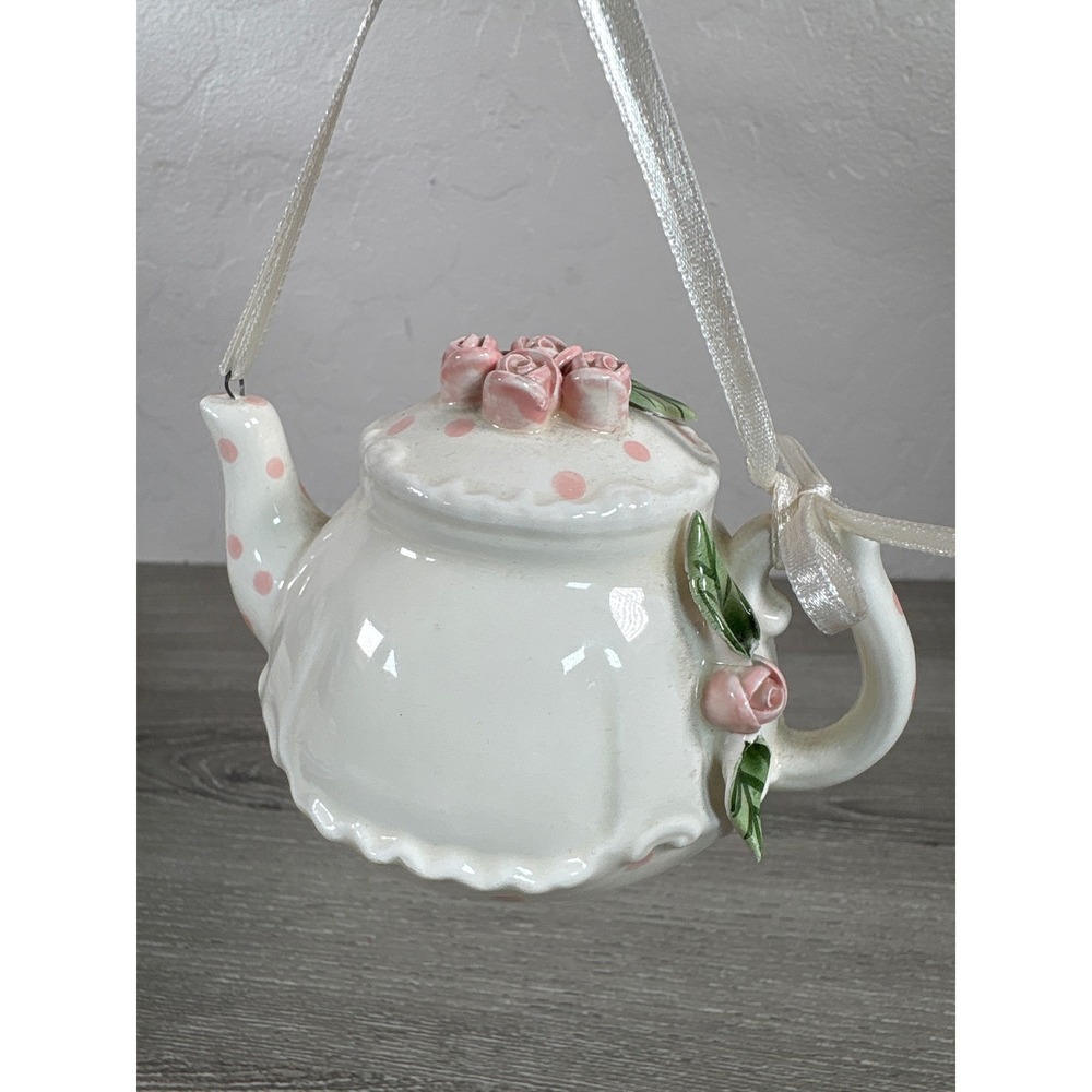 VTG Mud Pie 1998 Ceramic Tea Pot 3D Pink Roses Decor Ornament, 3in H X 4"L x 3"W